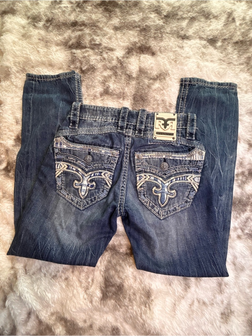 Y2K Rock Revival Women's Dark Blue Embroidered Back Pocket Bootcut Jeans